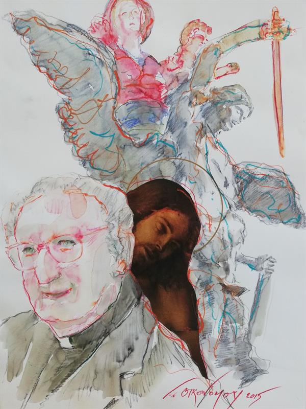 Disegno dedicato a Don Luigi Centanaro, prete della Chiesa di Montesignano impegnato per il recupero e riorganizzazione della vita sociale 